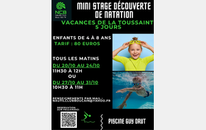Les inscriptions au mini stage initiation aquatique Toussaint 2025 sont ouvertes