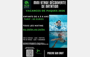 Les inscriptions au mini stage initiation aquatique Vacances Printemps 2026 sont ouvertes